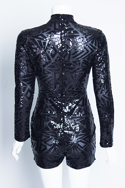 Stylish O Neck Long Sleeves Sequins Design Black Cotton Blend One-piece Jumpsuit