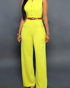 Stylish O Neck Sleeveless Button Design Yellow Qmilch One-piece Jumpsuits (Without Belt)