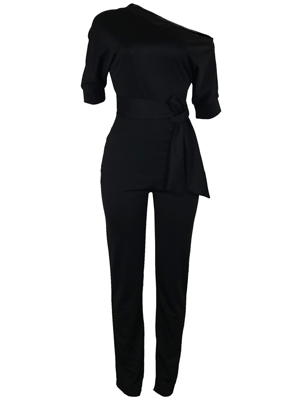 Stylish One-shoulder Black Polyester One-piece Jumpsuits(With Belt)