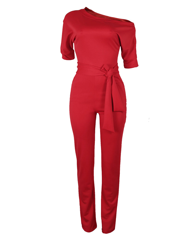 Stylish One-shoulder Red Polyester One-piece Jumpsuits(With Belt)
