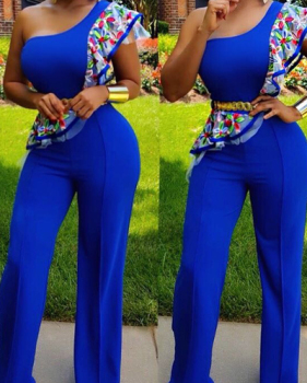 Stylish Printed Asymmetrical Blue Healthy Fabric One-piece Jumpsuits(Without Belt)