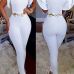 Stylish Round Neck Short Sleeves Falbala Design White Polyester One-piece Skinny Jumpsuits(Without Belt)