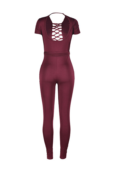 Stylish Round Neck Short Sleeves Hollow-out Wine Red Twilled One-piece Skinny Jumpsuits
