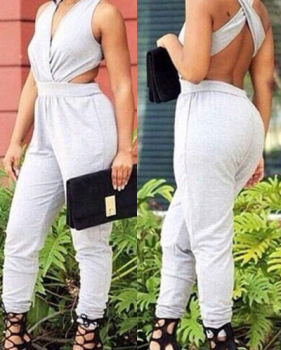 Stylish Sleeveless Back Hollow-out Bandage Design Grey White Cotton Blends One-Piece Jumpsuits