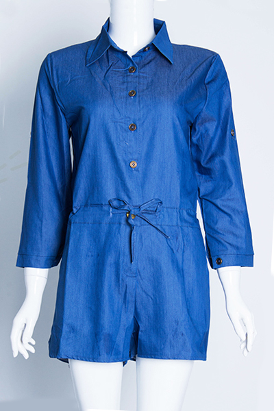 Stylish Turndown Collar Long Sleeves Single Breasted Blue Cotton One-piece Jumpsuit