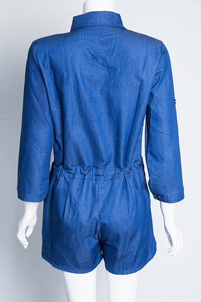Stylish Turndown Collar Long Sleeves Single Breasted Blue Cotton One-piece Jumpsuit