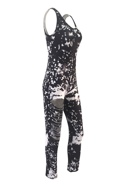 Stylish U-shaped Neck Sleeveless Printed Broken Holes Qmilch One-piece Skinny Jumpsuits