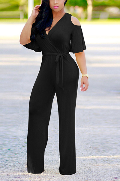 Stylish V Neck Half Sleeves Hollow-out Black Qmilch One-piece Jumpsuits (With Belt)