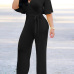 Stylish V Neck Half Sleeves Hollow-out Black Qmilch One-piece Jumpsuits (With Belt)