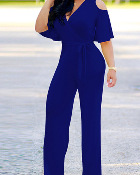 Stylish V Neck Half Sleeves Hollow-out Royalblue  Qmilch One-piece Jumpsuits (With Belt)