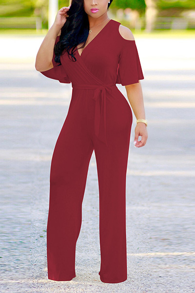 Stylish V Neck Half Sleeves Hollow-out Wine Red  Qmilch One-piece Jumpsuits (With Belt)