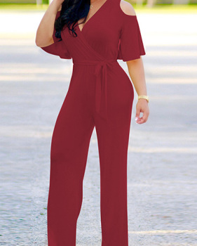 Stylish V Neck Half Sleeves Hollow-out Wine Red  Qmilch One-piece Jumpsuits (With Belt)
