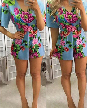 Stylish V Neck Short Sleeves Floral Print Cotton One-piece Skinny Jumpsuits