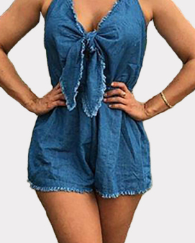 Stylish V Neck Sleeveless Hollow-out Blue Denim One-piece Jumpsuits
