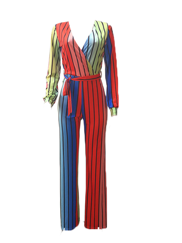 Stylish V Neck Striped Polyester One-piece Jumpsuits