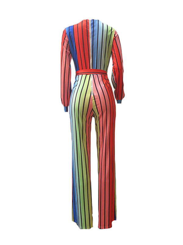 Stylish V Neck Striped Polyester One-piece Jumpsuits