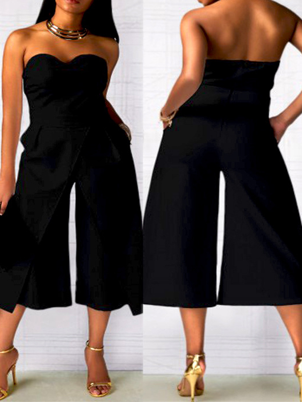 Trendy Dew Shoulder Patchwork Black Cotton Blends One-piece Jumpsuits