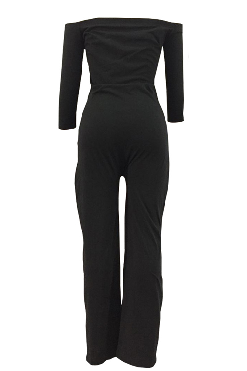 Trendy Dew Shoulder Patchwork Black Cotton One-piece Jumpsuits