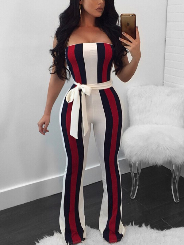 Trendy Dew Shoulder Striped Patchwork White Polyester One-piece Jumpsuits(With Belt)