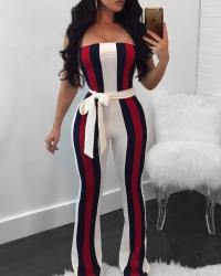 Trendy Dew Shoulder Striped Patchwork White Polyester One-piece Jumpsuits(With Belt)