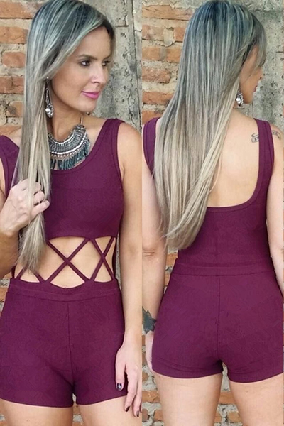 Trendy O Neck Tank Sleeveless Cross Hollow-out Purple Cotton Blends One-piece Jumpsuits