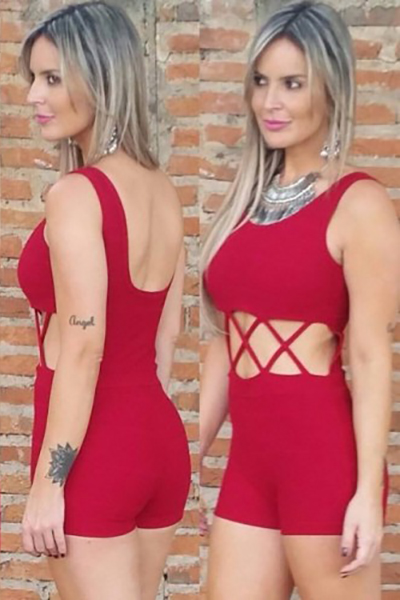 Trendy O Neck Tank Sleeveless Cross Hollow-out Red Cotton Blends One-piece Jumpsuits