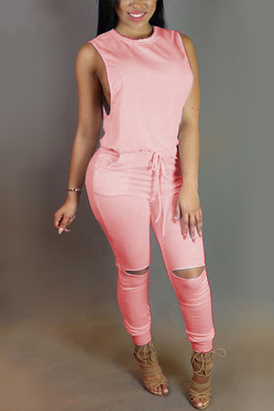 Trendy Round  Neck Tank Sleeveless  Zipper Design Drawstring Pink  Polyester One-piece Jumpsuits