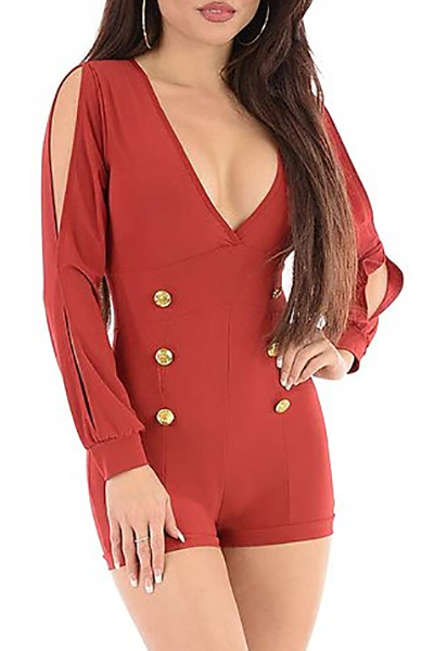 Trendy V Neck Long Sleeve Hollow-out Double-breasted Design Red Polyester On-piece Jumpsuits