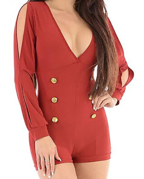 Trendy V Neck Long Sleeve Hollow-out Double-breasted Design Red Polyester On-piece Jumpsuits