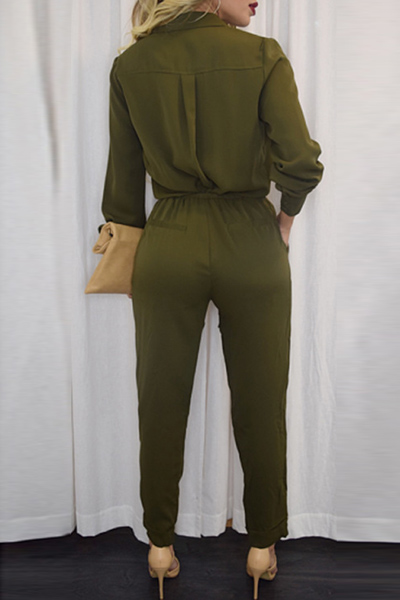 Trendy V Neck Long Sleeves Solid Army Green Polyester One-piece Regular Jumpsuit