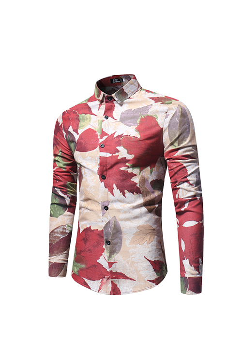  Fashion Turndown Collar Long Sleeves Leaf Printed Khaki Cotton Shirts(Non Positioning Printing)