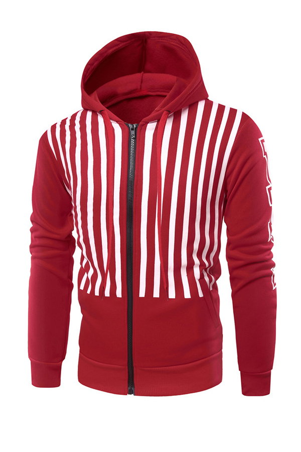  Fashionable Hooded Collar Striped Red Cotton Blends Hoodie