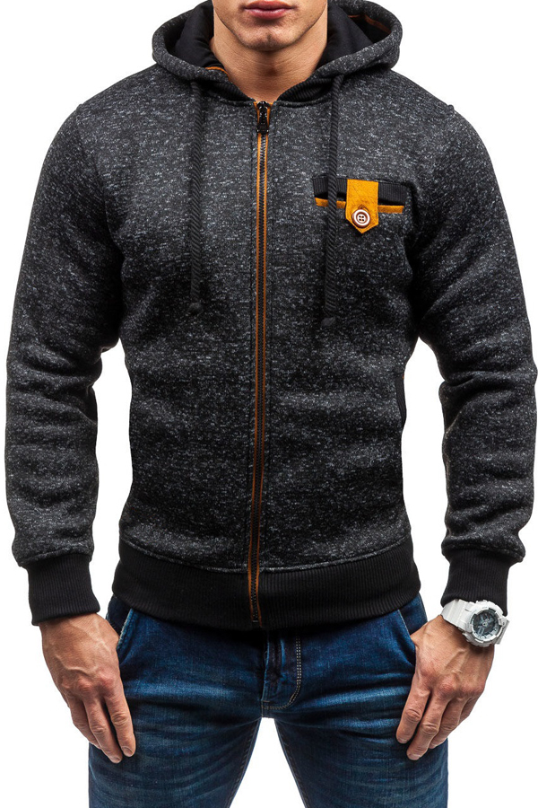  Leisure Hooded Collar Long Sleeves Zipper Design Black Cotton Blends Coat
