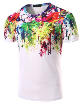 Casual Round Neck Short Sleeves Printed Cotton Blends T-shirt