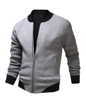 Euramerican Round Neck Long Sleeves Patchwork Zipper Design Light Grey Cotton Blends Jacket