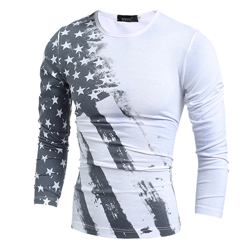 Leisure Round Neck Long Sleeves Printed White Cotton Blends T-shirt