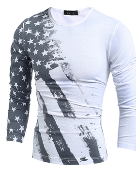 Leisure Round Neck Long Sleeves Printed White Cotton Blends T-shirt