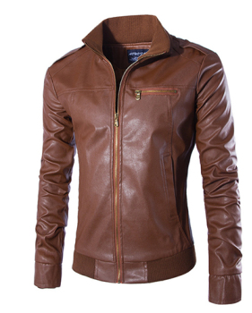Stylish Mandarin Collar Long Sleeves Zipper Design Brown Leather Coat