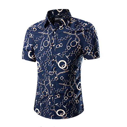 Stylish Mandarin Collar Short Sleeves Printed Blue Cotton Blends Two-piece Shorts Set