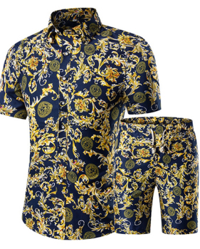 Stylish Mandarin Collar Short Sleeves Printed Yellow Cotton Blends Two-piece Shorts Set
