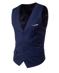 Trendy  V Neck Button Design Navy Blue Cotton Blends Vest