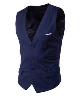 Trendy  V Neck Button Design Navy Blue Cotton Blends Vest
