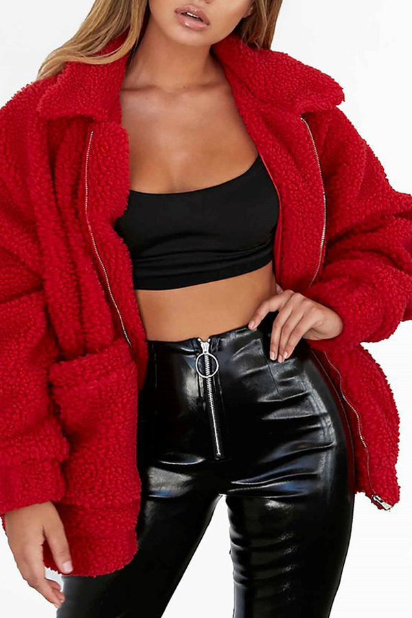  Casual Turndown Collar Long Sleeves Red Polyester Coat