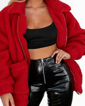  Casual Turndown Collar Long Sleeves Red Polyester Coat