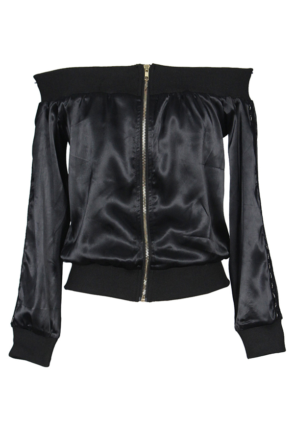  Euramerican Dew Shoulder Zipper Design Black Polyester Coat