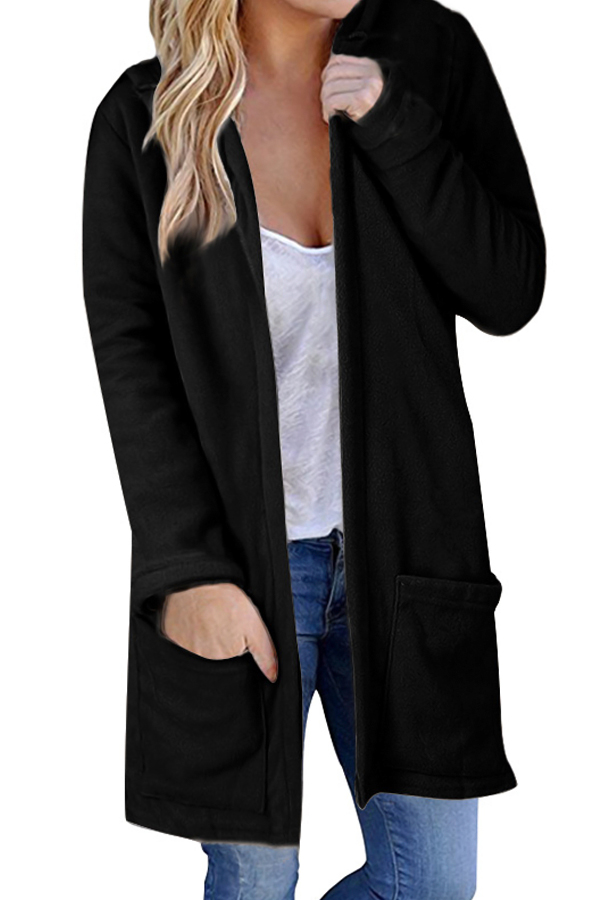  Euramerican Hooded Collar Long Sleeves Black Polyester Long Coat