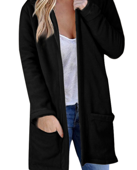  Euramerican Hooded Collar Long Sleeves Black Polyester Long Coat