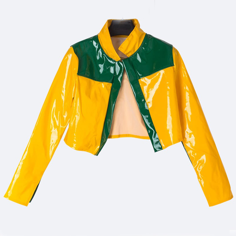  Euramerican Long Sleeves Patchwork Yellow PU Jacket