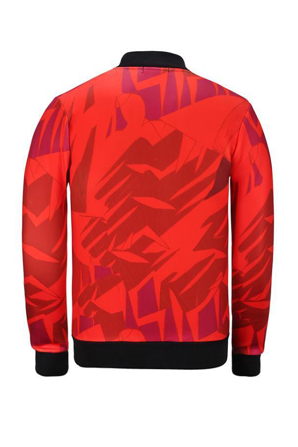  Euramerican Mandarin Collar Printed Red Polyester Jacket