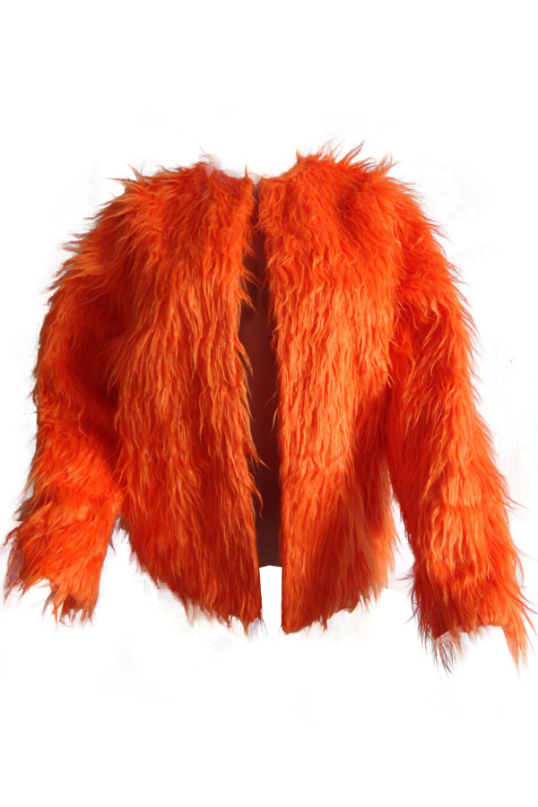 Euramerican Round Neck Long Sleeves Orange Faux Fur Coat